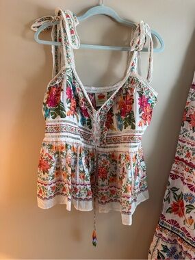 FARM Rio Floral Tie Strap Peplum Top | Size L | EUC